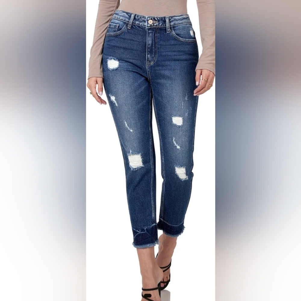 Zenana mid-rise distressed frayed hem skinny jeans